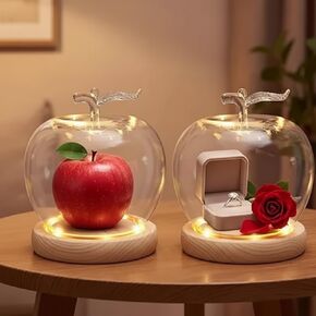 Lewtemi 2 Pcs Apple Dome Case Glass Apples Case with Wooden Base Transparent Apple-shaped Display Cover for Preserved Flowers Rings Mini Keepsakes Gift Decor (Natural) in Kuwait