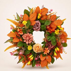 Fall Wreaths for Front Door, 20 Inch Orange Autumn Wreath | Fall wreaths for front door feature orange leaves, peony accents, and greenery for harvest home decor. in Saudi Arabia
