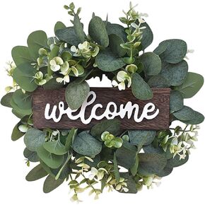 Green Eucalyptus Wreath with Welcome Sign, 11.8inch Artificial Spring Summer Wreaths for Front Door Wall Window Farmhouse Festival Porch Patio Garden Decor (Color:Green) in Saudi Arabia