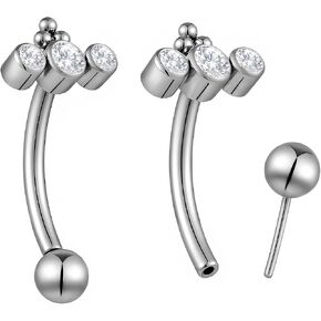2PCS Titanium 16G Threadless Barbell | 8mm Curved Eyebrow Tragus Cartilage Bar | Triple CZ Gem Implant Grade Body Jewelry in Saudi Arabia