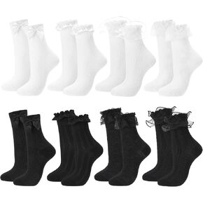 8 Pairs Lace Ruffle Crew Socks Frilly Socks Cute Princess Ankle Dress Sock with Bow Vintage Lolita Breathable Soft Cotton in Kuwait