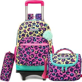 Rolling Backpack for Kids Girls Rolling Backpack for School Backpacks with Wheels for Kids 8-12 Leopard Print Love Roller Backpacks for Girls with Lunch Box in Saudi Arabia