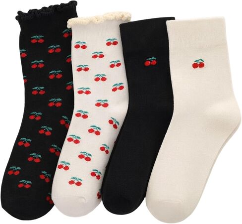 4 Pairs Women's Cute Crew Socks Cute Cherry Crew Socks Novelty Casual Cherry Sock Gift for Women in Saudi Arabia