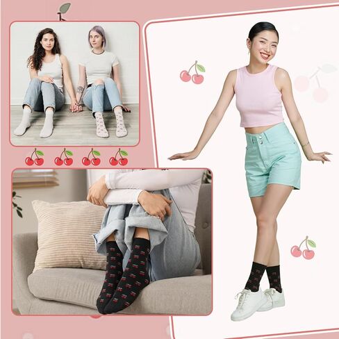 4 Pairs Women's Cute Crew Socks Cute Cherry Crew Socks Novelty Casual Cherry Sock Gift for Women in Saudi Arabia