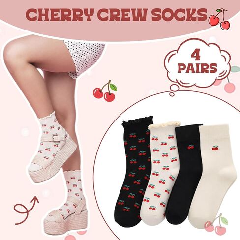 4 Pairs Women's Cute Crew Socks Cute Cherry Crew Socks Novelty Casual Cherry Sock Gift for Women in Saudi Arabia