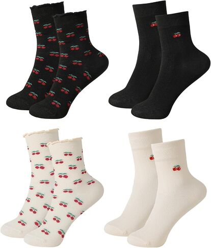 4 Pairs Women's Cute Crew Socks Cute Cherry Crew Socks Novelty Casual Cherry Sock Gift for Women in Saudi Arabia