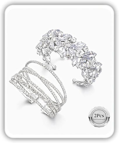 2Pcs Silver Rhinestone Bracelet Set Wedding Accessories Elegant Multilayer Cuff Bracelet Stretch Bangles Prom Jewelry in Saudi Arabia