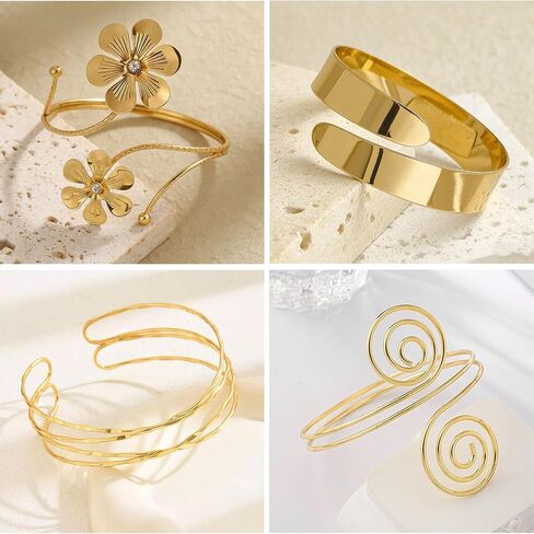 4 Pcs Gold Arm Cuff for Women Upper Arm Bangle Bracelet Open Adjustable Flower Minimalist Armband for Summer Beach Arm Jewelry in Saudi Arabia