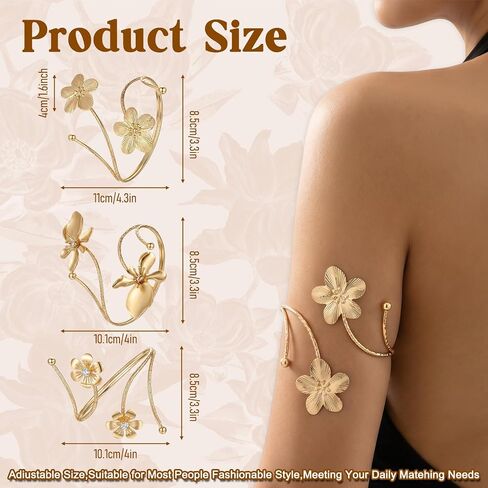 3Pcs Gold Arm Cuffs Flower Arm Cuff Bangles Coil Adjustable Upper Arms Band Cuff Bracelet Jewelry for Women in Kuwait