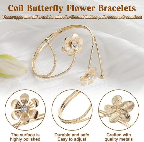 3Pcs Gold Arm Cuffs Flower Arm Cuff Bangles Coil Adjustable Upper Arms Band Cuff Bracelet Jewelry for Women in Kuwait