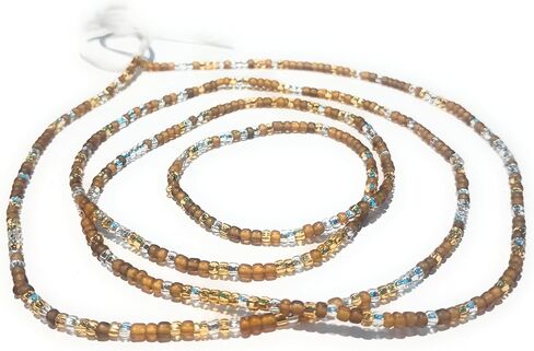 Traditional Multicolor Waist Beads, African Belly Beads, 44 Inches of Glass Beads with Long Cotton Threads (Brown Gold Clear) in Kuwait