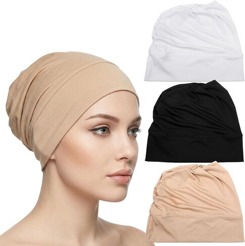JJUNW 3Pcs Under Caps for Hija, Non Slip Hijab Undercap with Tie Adjustable Women Undercap Under Scarf（Black, White, Beige） in Kuwait