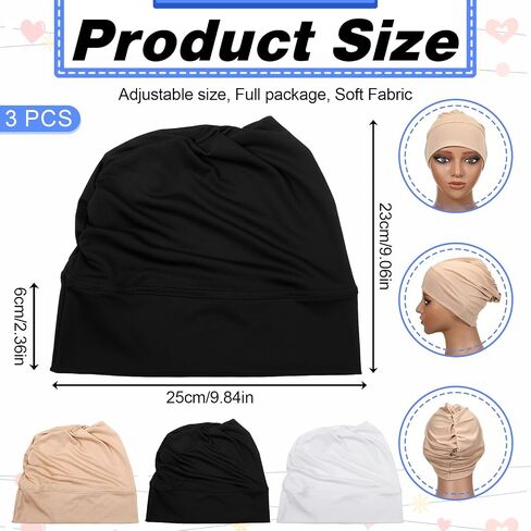 JJUNW 3Pcs Under Caps for Hija, Non Slip Hijab Undercap with Tie Adjustable Women Undercap Under Scarf（Black, White, Beige） in Kuwait
