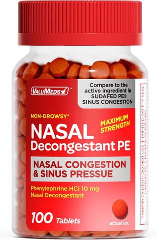 ValuMeds Nasal Decongestant PE Non-Drowsy for Adults | Maximum Strength Phenylephrine HCl 10mg to Relieve Sinus Pressure from Cold or Allergies | Comparable to Sudafed PE Congestion | 300 Tablets in Kuwait