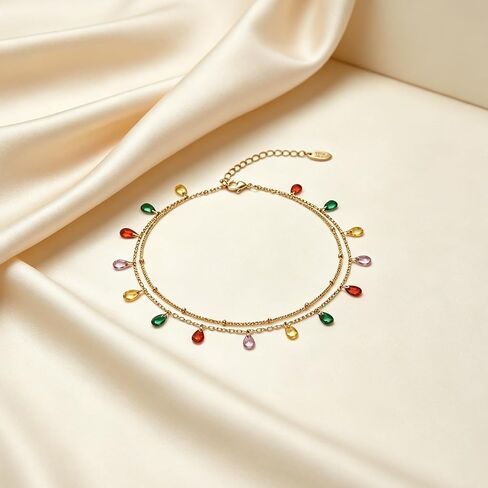 Multicolor Crystal Anklet 14K Gold Plated Waterproof Ankle Bracelets Adjustable Layered Summer Beach Foot Jewelry for Women in Saudi Arabia