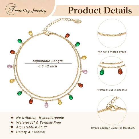 Multicolor Crystal Anklet 14K Gold Plated Waterproof Ankle Bracelets Adjustable Layered Summer Beach Foot Jewelry for Women in Saudi Arabia