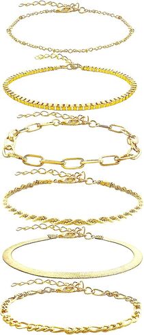 6 PCS Gold Ankle Bracelets for Women, Gold Jewelry Set Layered Anklet Plated Waterproof Filled Bracelet Cuban Link Chain Fashion Adjustable Size for Gift Daily in Kuwait