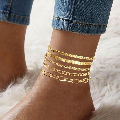 6 PCS Gold Ankle Bracelets for Women, Gold Jewelry Set Layered Anklet Plated Waterproof Filled Bracelet Cuban Link Chain Fashion Adjustable Size for Gift Daily in Kuwait