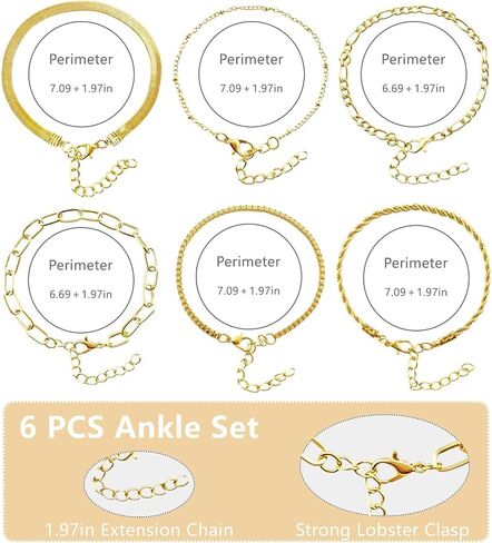 6 PCS Gold Ankle Bracelets for Women, Gold Jewelry Set Layered Anklet Plated Waterproof Filled Bracelet Cuban Link Chain Fashion Adjustable Size for Gift Daily in Kuwait