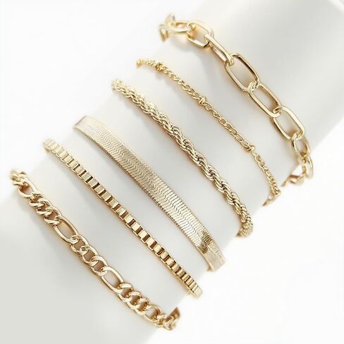 6 PCS Gold Ankle Bracelets for Women, Gold Jewelry Set Layered Anklet Plated Waterproof Filled Bracelet Cuban Link Chain Fashion Adjustable Size for Gift Daily in Kuwait