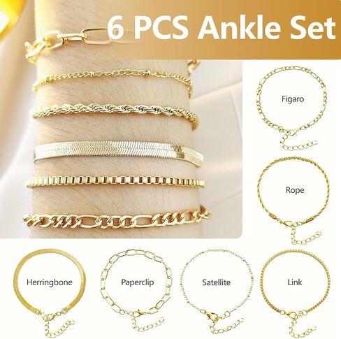 6 PCS Gold Ankle Bracelets for Women, Gold Jewelry Set Layered Anklet Plated Waterproof Filled Bracelet Cuban Link Chain Fashion Adjustable Size for Gift Daily in Kuwait