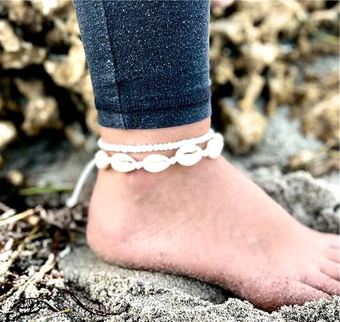 Natural Cowrie Shell Anklets for woman, White Beaded Beach Ankle Bracelet, Adjustable Summer Foot Jewelry, waterproof, novelty anklets, bracelet anklet, jewerly for woman in Saudi Arabia