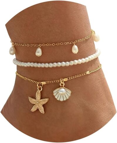 Fesciory Shell Ankle Bracelets for Women, Gold Plated Boho Anklet Set with Pearl Beads Starfish Conch Seashell, Adjustable Summer Beach Hawaiian Foot Jewelry Gift(Shell Pearl 3Pcs) in Saudi Arabia