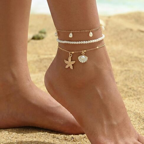 Fesciory Shell Ankle Bracelets for Women, Gold Plated Boho Anklet Set with Pearl Beads Starfish Conch Seashell, Adjustable Summer Beach Hawaiian Foot Jewelry Gift(Shell Pearl 3Pcs) in Saudi Arabia