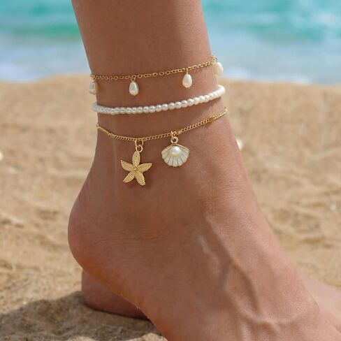 Fesciory Shell Ankle Bracelets for Women, Gold Plated Boho Anklet Set with Pearl Beads Starfish Conch Seashell, Adjustable Summer Beach Hawaiian Foot Jewelry Gift(Shell Pearl 3Pcs) in Saudi Arabia