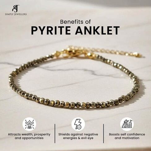 Sterling Silver Anklets for Women – Handmade Beaded Pyrite Gemstone Crystal Anklet, Adjustable 11 Inch Ankle Bracelet, Elegant Classic Jewelry Gift in Kuwait