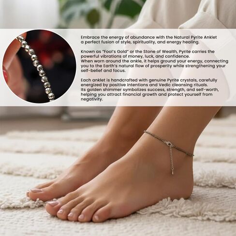 Sterling Silver Anklets for Women – Handmade Beaded Pyrite Gemstone Crystal Anklet, Adjustable 11 Inch Ankle Bracelet, Elegant Classic Jewelry Gift in Kuwait