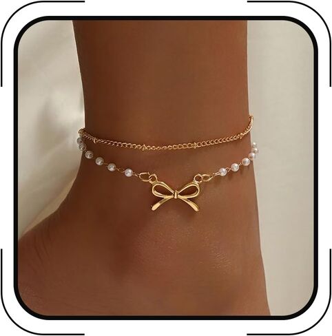 Nojess Gold Bow Anklet Bracelets for Women Layered Faux Pearl Bow Ankle Adjustable Summer Beach Foot Jewelry for Vacation Gift in Kuwait