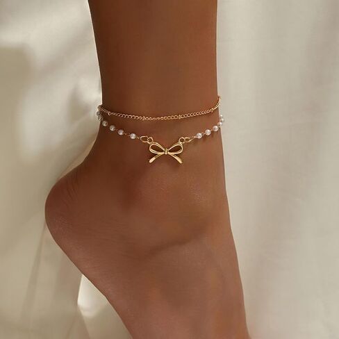 Nojess Gold Bow Anklet Bracelets for Women Layered Faux Pearl Bow Ankle Adjustable Summer Beach Foot Jewelry for Vacation Gift in Kuwait