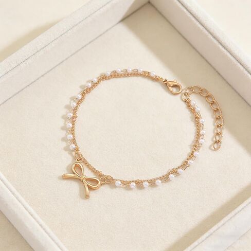 Nojess Gold Bow Anklet Bracelets for Women Layered Faux Pearl Bow Ankle Adjustable Summer Beach Foot Jewelry for Vacation Gift in Kuwait