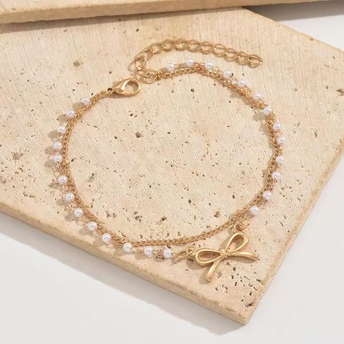 Nojess Gold Bow Anklet Bracelets for Women Layered Faux Pearl Bow Ankle Adjustable Summer Beach Foot Jewelry for Vacation Gift in Kuwait