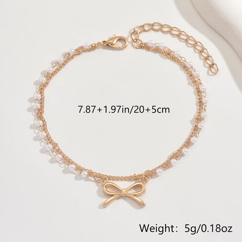 Nojess Gold Bow Anklet Bracelets for Women Layered Faux Pearl Bow Ankle Adjustable Summer Beach Foot Jewelry for Vacation Gift in Kuwait