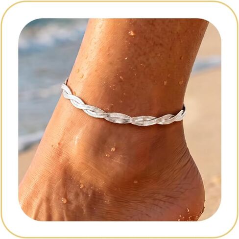 Moodear Gold Anklet for Women - 14K Gold Plated Twisted Snake Chain Anklet, Minimalist Waterproof Herringbone Anklet Bracelet for Beach Vacation Summer Jewelry Gift in Saudi Arabia