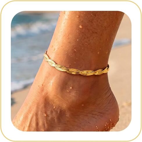 Moodear Gold Anklet for Women - 14K Gold Plated Twisted Snake Chain Anklet, Minimalist Waterproof Herringbone Anklet Bracelet for Beach Vacation Summer Jewelry Gift in Saudi Arabia