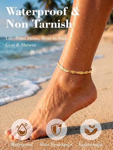 Moodear Gold Anklet for Women - 14K Gold Plated Twisted Snake Chain Anklet, Minimalist Waterproof Herringbone Anklet Bracelet for Beach Vacation Summer Jewelry Gift in Saudi Arabia