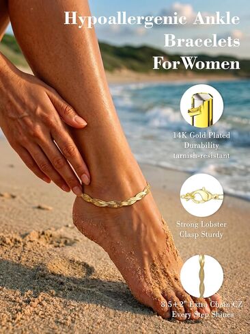 Moodear Gold Anklet for Women - 14K Gold Plated Twisted Snake Chain Anklet, Minimalist Waterproof Herringbone Anklet Bracelet for Beach Vacation Summer Jewelry Gift in Saudi Arabia