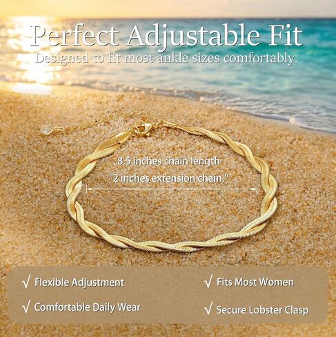 Moodear Gold Anklet for Women - 14K Gold Plated Twisted Snake Chain Anklet, Minimalist Waterproof Herringbone Anklet Bracelet for Beach Vacation Summer Jewelry Gift in Saudi Arabia