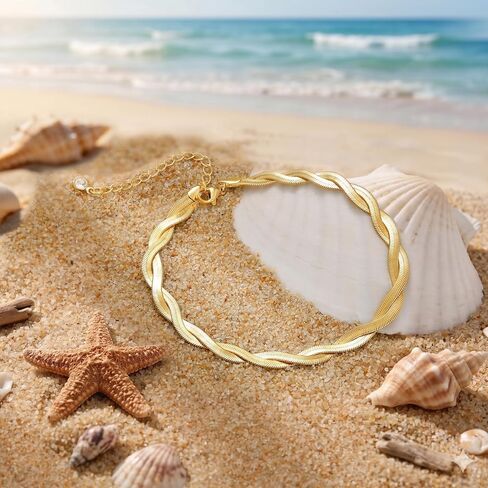 Moodear Gold Anklet for Women - 14K Gold Plated Twisted Snake Chain Anklet, Minimalist Waterproof Herringbone Anklet Bracelet for Beach Vacation Summer Jewelry Gift in Saudi Arabia