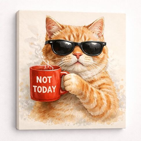 TWING Orange Cat Wall Art 12x12 inch NOT TODAY Cat with Coffee Mug Canvas Print - Funny Animal Pictures for Gallery Wall Living Room, Office, Orange Cat Decor, Gift for Cat Lover in Saudi Arabia
