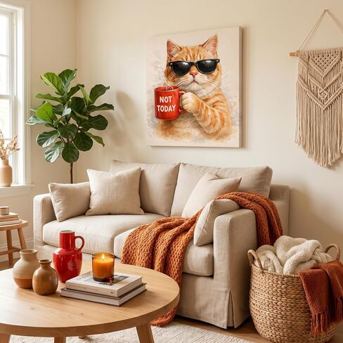 TWING Orange Cat Wall Art 12x12 inch NOT TODAY Cat with Coffee Mug Canvas Print - Funny Animal Pictures for Gallery Wall Living Room, Office, Orange Cat Decor, Gift for Cat Lover in Saudi Arabia