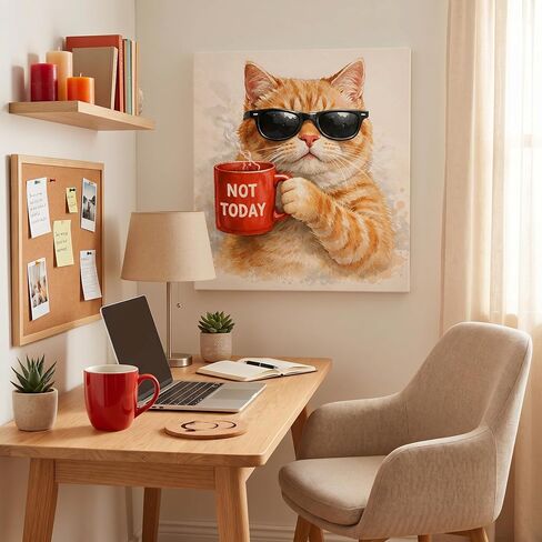 TWING Orange Cat Wall Art 12x12 inch NOT TODAY Cat with Coffee Mug Canvas Print - Funny Animal Pictures for Gallery Wall Living Room, Office, Orange Cat Decor, Gift for Cat Lover in Saudi Arabia
