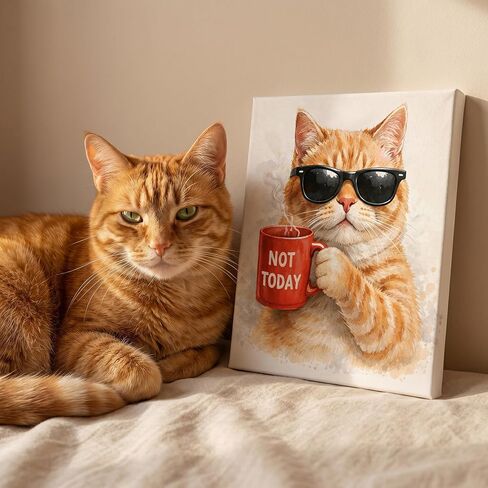 TWING Orange Cat Wall Art 12x12 inch NOT TODAY Cat with Coffee Mug Canvas Print - Funny Animal Pictures for Gallery Wall Living Room, Office, Orange Cat Decor, Gift for Cat Lover in Saudi Arabia