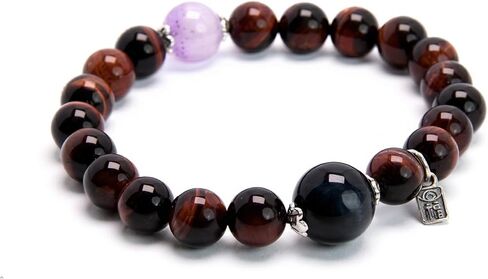 Natural Tiger Eye Stone Bracelet with Amethyst and Black Onyx Beads Silver Charm, Elastic Stretch Design in Saudi Arabia
