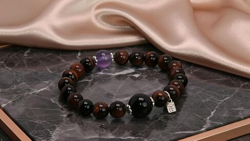 Natural Tiger Eye Stone Bracelet with Amethyst and Black Onyx Beads Silver Charm, Elastic Stretch Design in Saudi Arabia