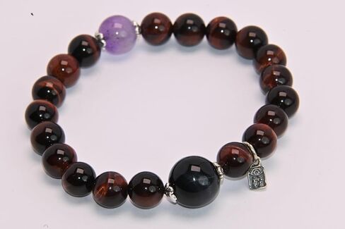 Natural Tiger Eye Stone Bracelet with Amethyst and Black Onyx Beads Silver Charm, Elastic Stretch Design in Saudi Arabia