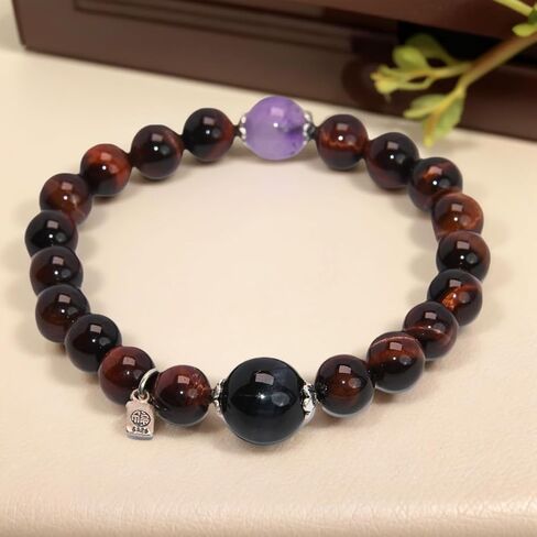 Natural Tiger Eye Stone Bracelet with Amethyst and Black Onyx Beads Silver Charm, Elastic Stretch Design in Saudi Arabia